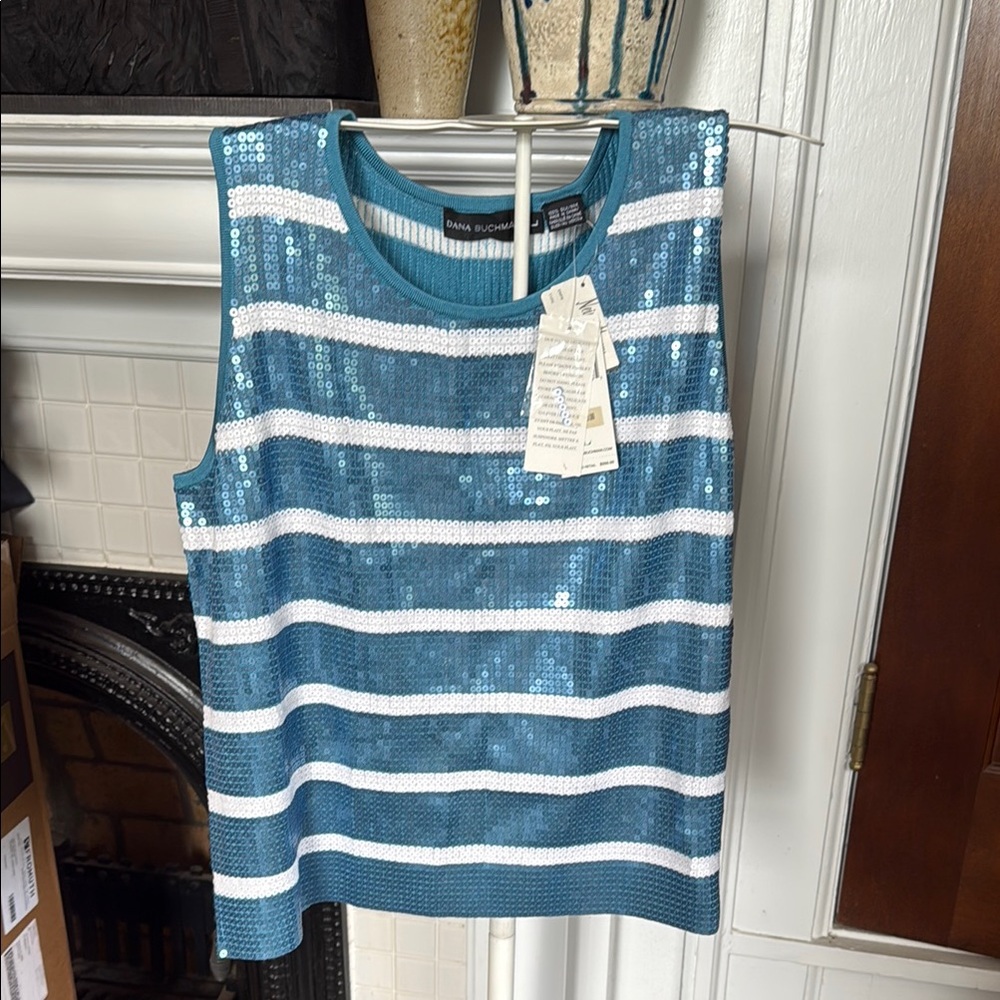 Dana Buchman Silk blue‎ and White Sequin Striped Top- NWT- retail 350